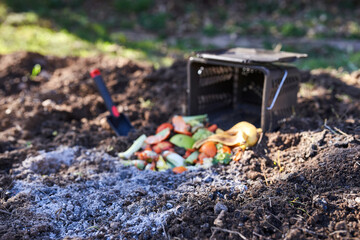 Compost with organic waste. Homemade eco compost. Organic bin. Selective focus.