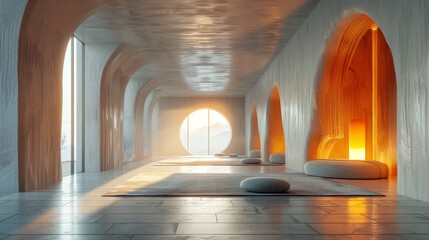 liminal space, concrete interior, curved walls, soft lighting