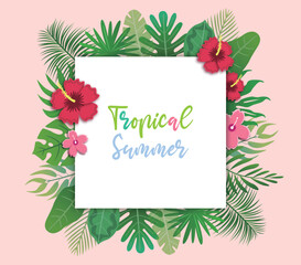 Summer tropical leaves and flower rims.