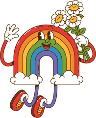 Cartoon retro groovy rainbow character. Cheerful rainbow personage sticker, retro funny character or vintage isolated vector groovy mascot with bouquet of chamomile flowers