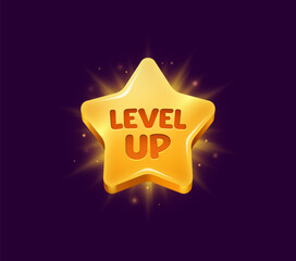 Level up rank star for game interface of badge with shine, vector bonus award medal. Level up pop up badge with golden star with shiny glow for video arcade game GUI or achievement popup sign