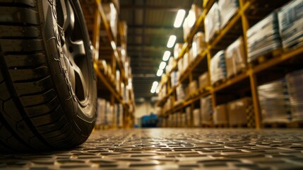 Modern warehouse with brand new car tires for sale - premium automotive tire stock photos