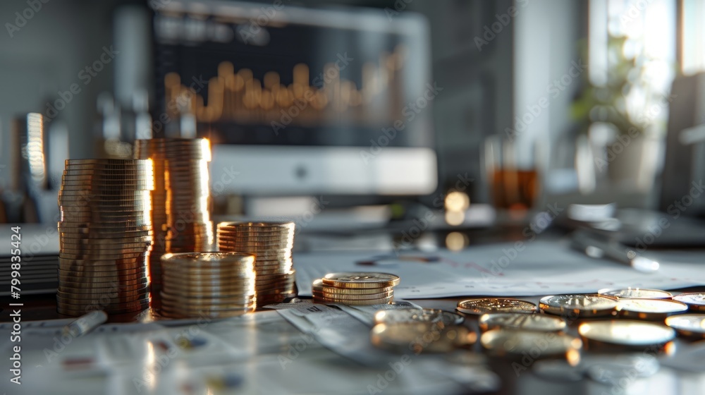 Poster stacks of gold coins on a desk with a computer monitor and financial charts in the background.