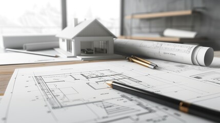 Projet de construction d'une maison moderne d'architecte sous forme d'esquisse avec plan. copy space for text.