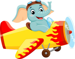 Cartoon elephant animal on plane. Isolated vector jovial baby elephant character in pilot helmet with floppy ears flapping and cheerful expression gleefully soaring through the sky in bright airplane