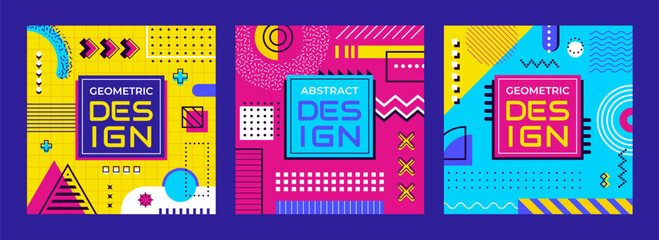 Abstract geometric Memphis banners. Vector playful cards or media posts. Modern square templates, feature vibrant colors, simple shapes and bold patterns in retro-modern style of 1980s design movement