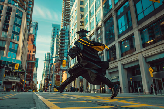photo scene of a graduate in full academic regalia sprinting through the city streets, with the vibrant cityscape serving as the backdrop,