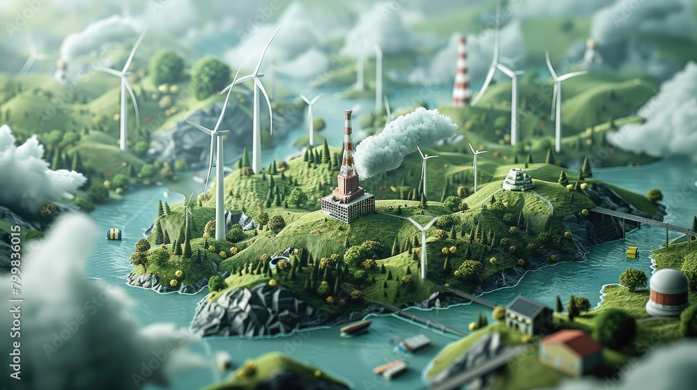 Poster Traceability in supply chains for mining and industry. 3d isometric block of terrain on a green background. sustainable energy concept. Wind turbines, a dam, and a solar energy plant. Generative AI.