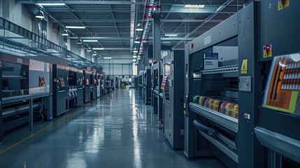 The production floor of a big digital printing company with large print machines printing packaging designs. copy space for text.