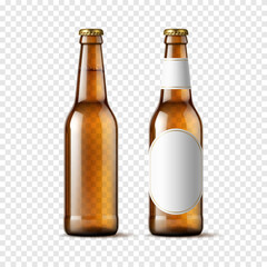 Realistic beer bottle, transparent brown glass bottle mockup with blank label. Isolated 3d vector flask with thin neck, metal lid and liquid within. Alcohol beverage, beer drink container mock up