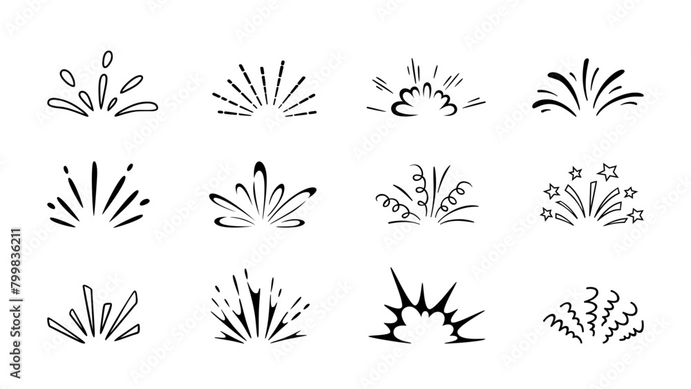 Wall mural cartoon spark effect. isolated vector set of energy bursts, light flare, sparkles or fireworks, eman
