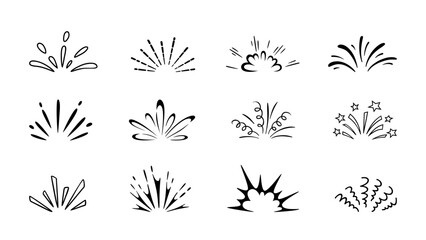Cartoon spark effect. Isolated vector set of energy bursts, light flare, sparkles or fireworks, emanating from an impact or action with dynamic motion lines. Monochrome flashes or magic spark effect