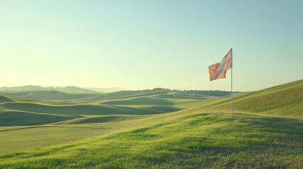 Obraz premium A simple yet striking red flag waving atop a gentle green hill under a clear sky, evoking a sense of peace and triumph