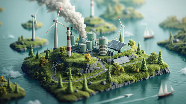 Traceability in supply chains for mining and industry. 3d isometric block of terrain on a green background. sustainable energy concept. Wind turbines, a dam, and a solar energy plant. Generative AI.