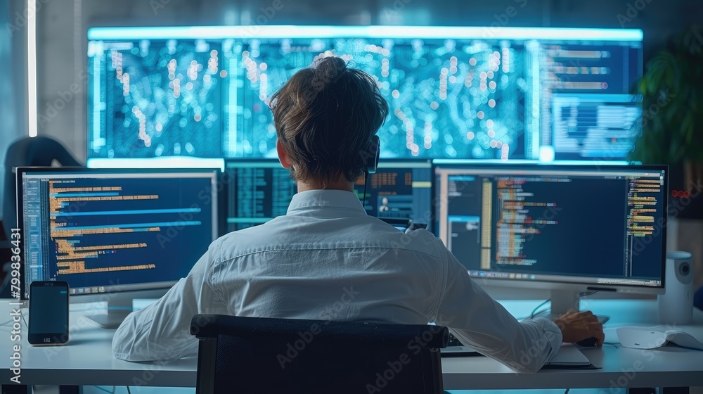 Poster Engineer at work in a modern office, engrossed in multiple computer screens displaying code, logs, and infrastructure diagrams. Generative AI.