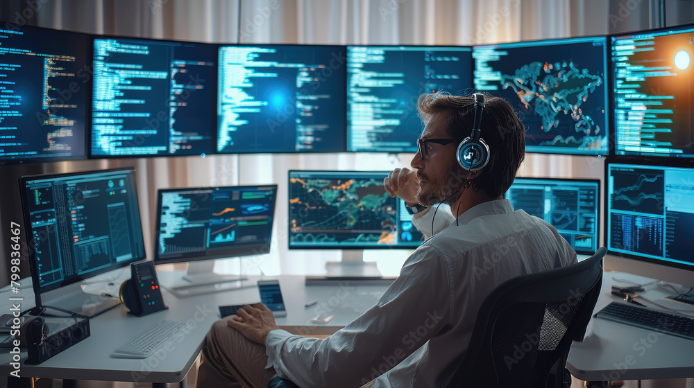 Poster Engineer at work in a modern office, engrossed in multiple computer screens displaying code, logs, and infrastructure diagrams. Generative AI.