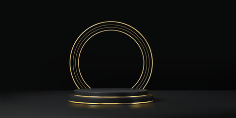 Black podium with golden arch and round pedestal stage for product display, vector showcase. Golden circle arch with shiny metal glow frame on round platform podium for luxury premium background