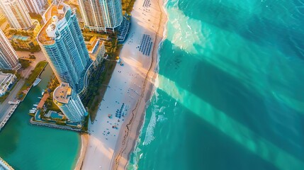 View from above of luxurious highrise hotels and condos on Atlantic ocean shore in Sunny Isles Beach city. American tourism infrastructure in southern Florida. copy space for text.