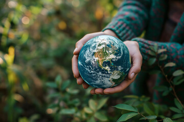 hands holding earth in forest background