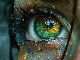 A woman's eye is wet and has a green iris