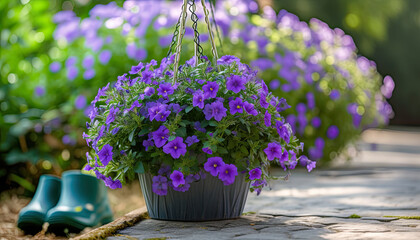 Profusely blooming purple potted lobelia flower by porch door and rubber boots. Sunny morning
