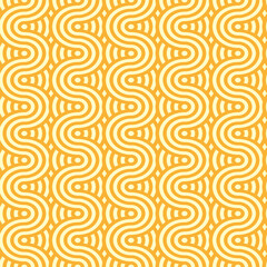 Yellow ramen pasta noodles pattern. Vector seamless tile background, featuring intertwined macaroni or spaghetti strands and wavy ornament, Wallpaper with appetizing textured waves of soba or ramen
