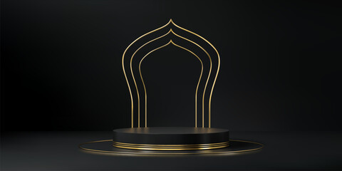 Black Ramadan podium with golden islamic arch. Vector elegant background for events and presentations. Round stage or platform in arab muslim style for cosmetics showcase, exhibition and products ads