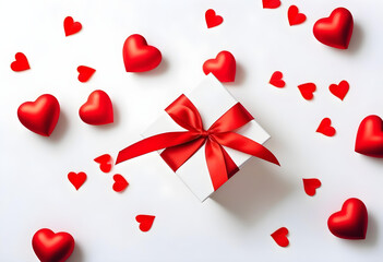 A white gift box with a red ribbon and hearts scattered around it.