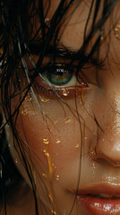 A woman's wet hair and face with a brown eye