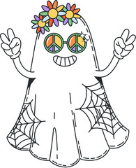 Cartoon Halloween groovy ghost character. Hippie spook personage with peace symbols instead of eyes, flower wreath on head, showing victory gesture. Isolated vector funky ghostly hippy phantom
