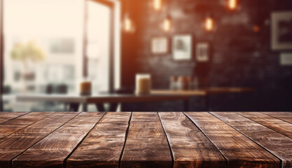 Empty old wood table top and blurred bokeh cafe and coffee shop interior background with vintage...