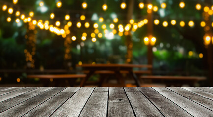 empty modern wooden terrace with abstract night light bokeh of night festival in garden, copy space...