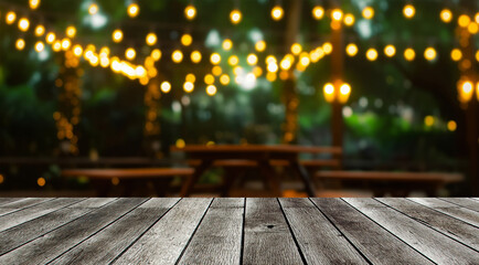 empty modern wooden terrace with abstract night light bokeh of night festival in garden, copy space for display of product or object presentation, vintage color tone
