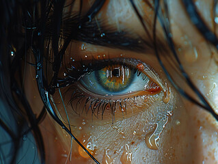 A woman's wet hair and face with a brown eye