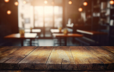 Empty old wood table top and blurred bokeh cafe and coffee shop interior background with vintage...