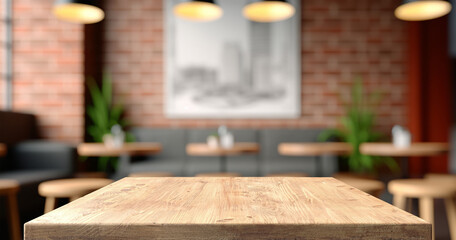 Empty coffee table over defocused coffee shop background with copy space
