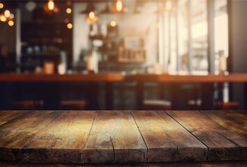 Empty old wood table top and blurred bokeh cafe and coffee shop interior background with vintage...