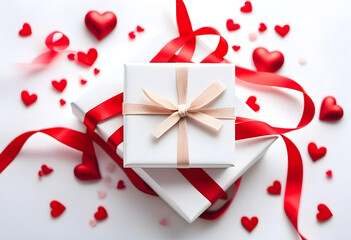 A white gift box with a withe and red ribbon, lots of hearts on a white background.