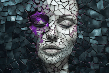 Close up Portrait of a Woman with fractures, crumbling like a white Sculpture. 