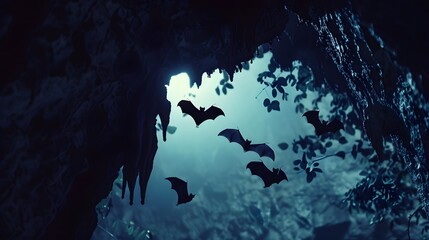 Silhouetted bats exiting a cave at twilight, mysterious 4K wallpaper