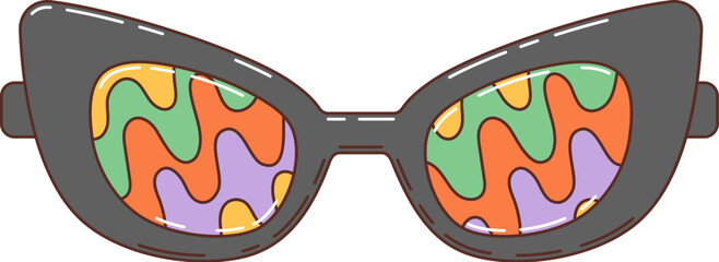 Groovy retro sunglasses, hippie psychedelic eyewear with color rainbow in eyes, cartoon vector. Trippy funky groovy sunglasses in 70s hippie and disco pop art with hypnotic colorful rainbow glasses