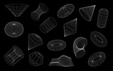 3D wireframe shapes and wire mesh grid forms, brutal and retro perspective tech, abstract vector. Wireframe globe sphere, tunnel and cone pyramid with polygon and funnel in 3D wire line mesh