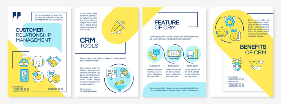 CRM tool types blue and yellow brochure template. Business statistics. Leaflet design with linear icons. Editable 4 vector layouts for presentation, annual reports. Questrial, Lato-Regular fonts used