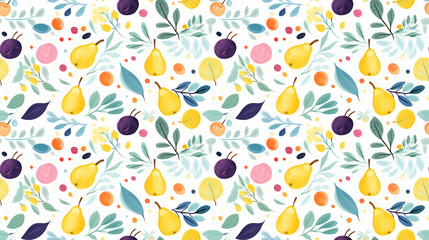 A seamless pattern of hand-painted pears, plums, and leaves.