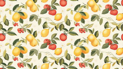 A seamless pattern of lemons, tomatoes, and leaves.