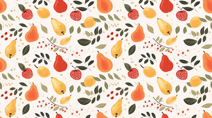 A seamless pattern of pears, apples, and lemons with leaves and berries on a cream background.