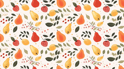 A seamless pattern of pears, apples, and lemons with leaves and berries on a cream background.