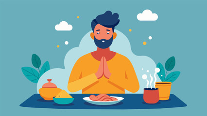 A man taking a few deep breaths and setting his intentions for his meal aiming to eat with gratitude and awareness rather than mindless consumption..