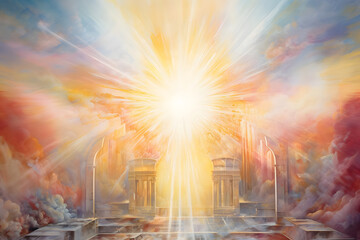 Heavenly Sunlit Sanctuary, abstract landscape art, painting background, wallpaper, generative ai