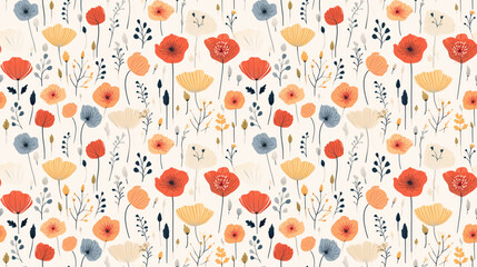 A seamless pattern of red, orange, and blue flowers on a white background